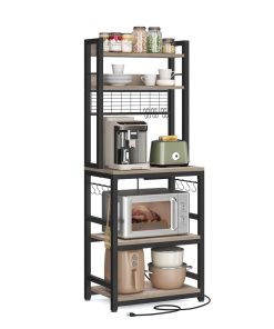VASAGLE Hutch Bakers Rack with Power Outlet. 14 Hooks Microwave Stand