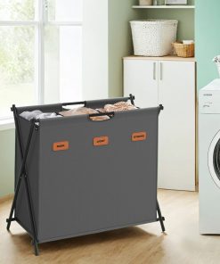 Foldable multi section laundry baskets with labels for home