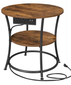 VASAGLE Side Table. 2-Tier Round End Table with Power Outlets