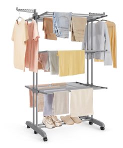 SONGMICS Clothes Drying Rack 4-Tier. Foldable Laundry Drying Rack 173 cm Tall. Stainless Steel. Rolling Clothes Horses