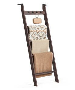 Decorative Farmhouse Blanket Ladder Shelf with Removable Hooks