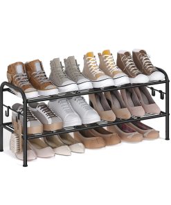 Wide Metal Shoe Rack with Hooks