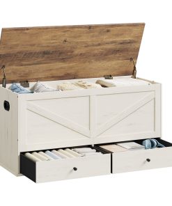 Farmhouse storage bench with fabric drawers for entryway or bedroom