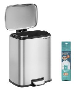 Stainless steel kitchen trash can with soft close lid and inner bucket