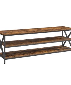 TV Stand. TV Table for up to 65 Inches TVs. Media TV Console with Shelves. 3-Tier Storage. Farmhouse Industrial with X-Shape Steel Frame. Rustic Brown and Black