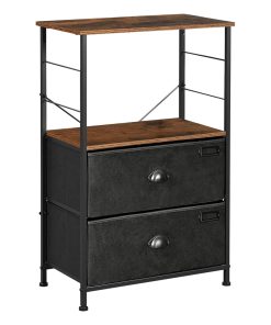 SONGMICS Nightstand. Industrial Bedside Table with 2 Fabric Drawers. Storage Shelves. Vertical Dresser Storage Tower with Wooden Top. Metal Frame. Labels. Rustic Brown and Black ULVT03H