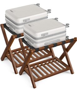 Solid Wood Luggage Racks. Set of 2. No Assembly Required. Foldable Suitcase Stand. Luggage Holder. with Storage Shelf. for Guest Room. Hotel. Bedroom. Coffee Brown