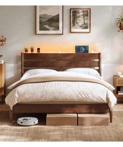 Mid-Century Modern Bed Frame with LED Headboard & Charging Station