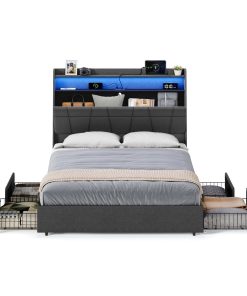 Bed Frame Queen Size with LED Lights. Charging Station