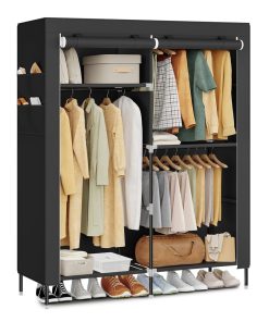 Fabric portable closet with shelves and hanging rods