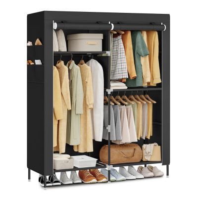 Fabric portable closet with shelves and hanging rods